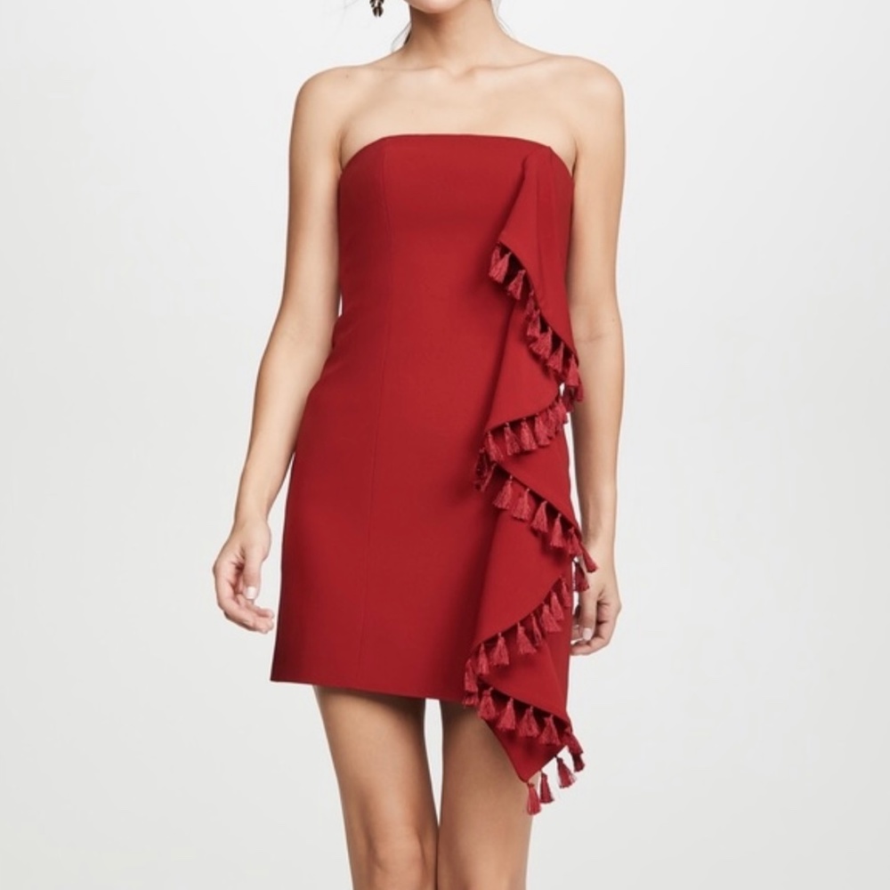 Cinq a Sept Red Strapless Fringe Dress